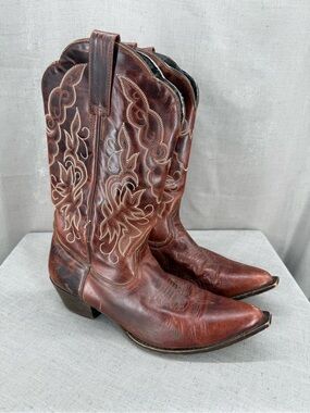 OAK TREE FARMS Brown Boots Slip On Cowboy Western WItchy Whimsical boho Sz 9.5